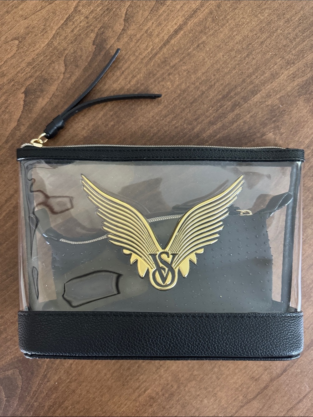 Victoria's Secret Black Clear Toiletry Pouch with Gold Wing Logo